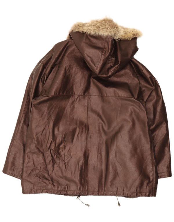 Vintage Damen-Kapuzen-Übergröße-Lederjacke IT 48 XL Braun