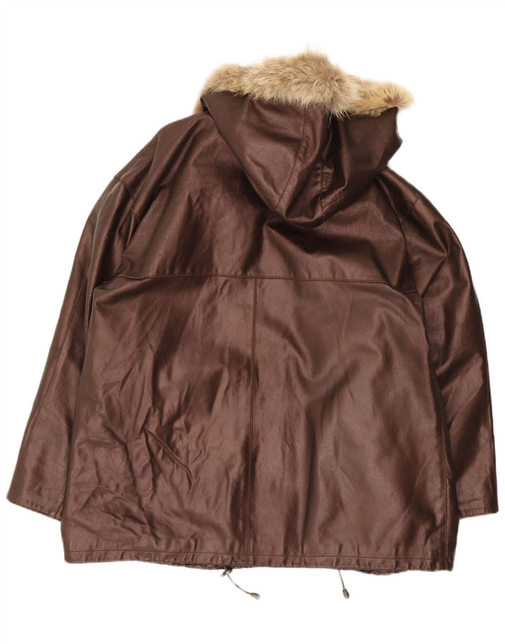 Vintage Damen-Kapuzen-Übergröße-Lederjacke IT 48 XL Braun