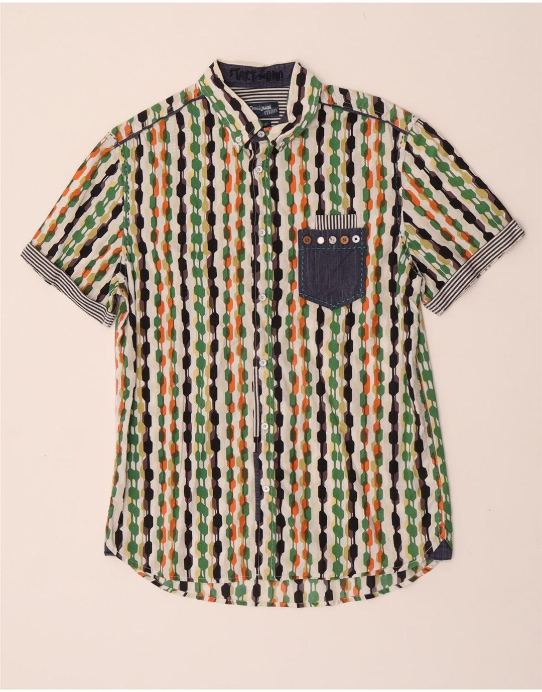 Desigual Herren Kurzarm-Hemd mit normaler Passform, groß, mehrfarbig, geometrisch