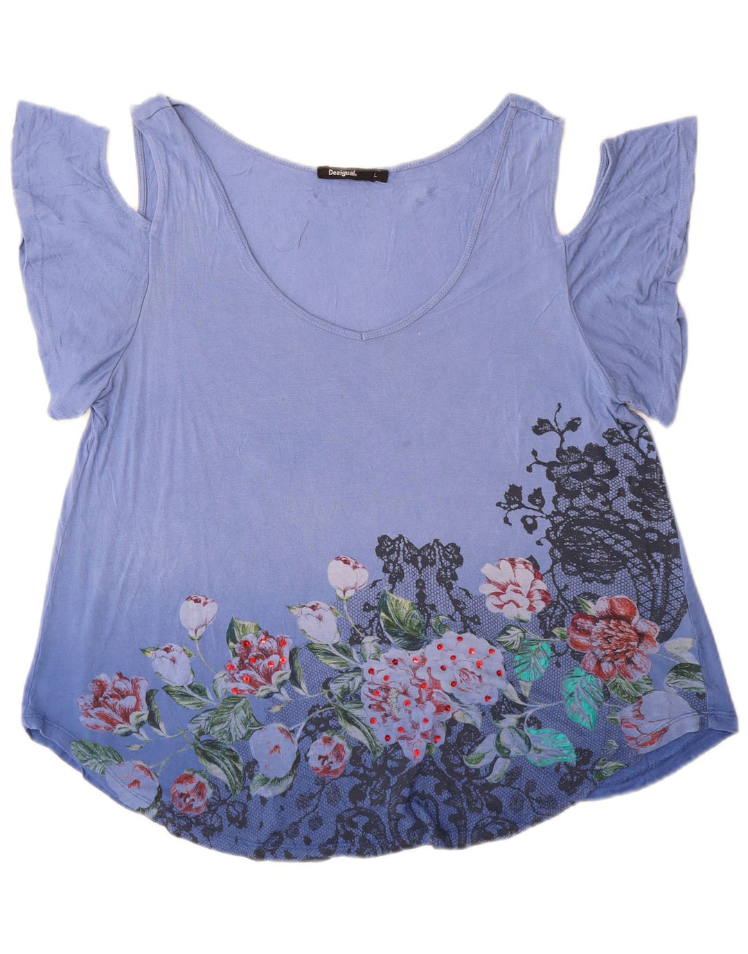 Desigual Damen Graphic Off Shoulder Top UK 16 Large Blue Floral