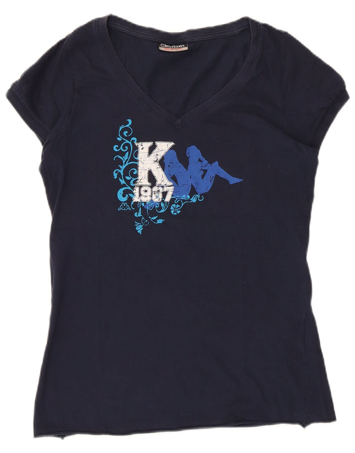 KAPPA Damen Grafik-T-Shirt-Oberteil UK 12 Medium Marineblau Baumwolle