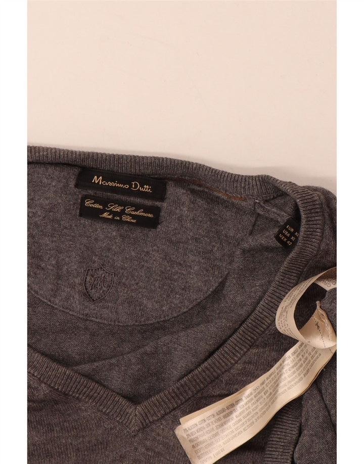 MASSIMO DUTTI Herren-Pullover mit V-Ausschnitt, XL, graue Baumwolle