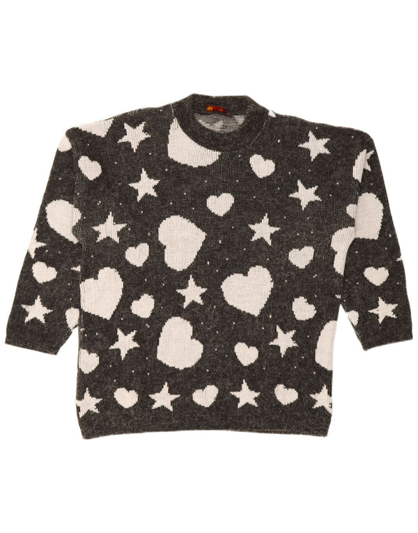 Vintage Damen Pullover mit abstraktem Muster und Rundhalsausschnitt, Gr. 14, Schwarz