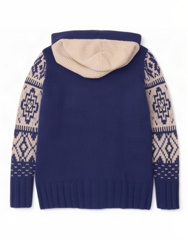 Think Pink Womens Hooded Cardigan Sweater UK 14 Medium Navy Blue Fair Isle