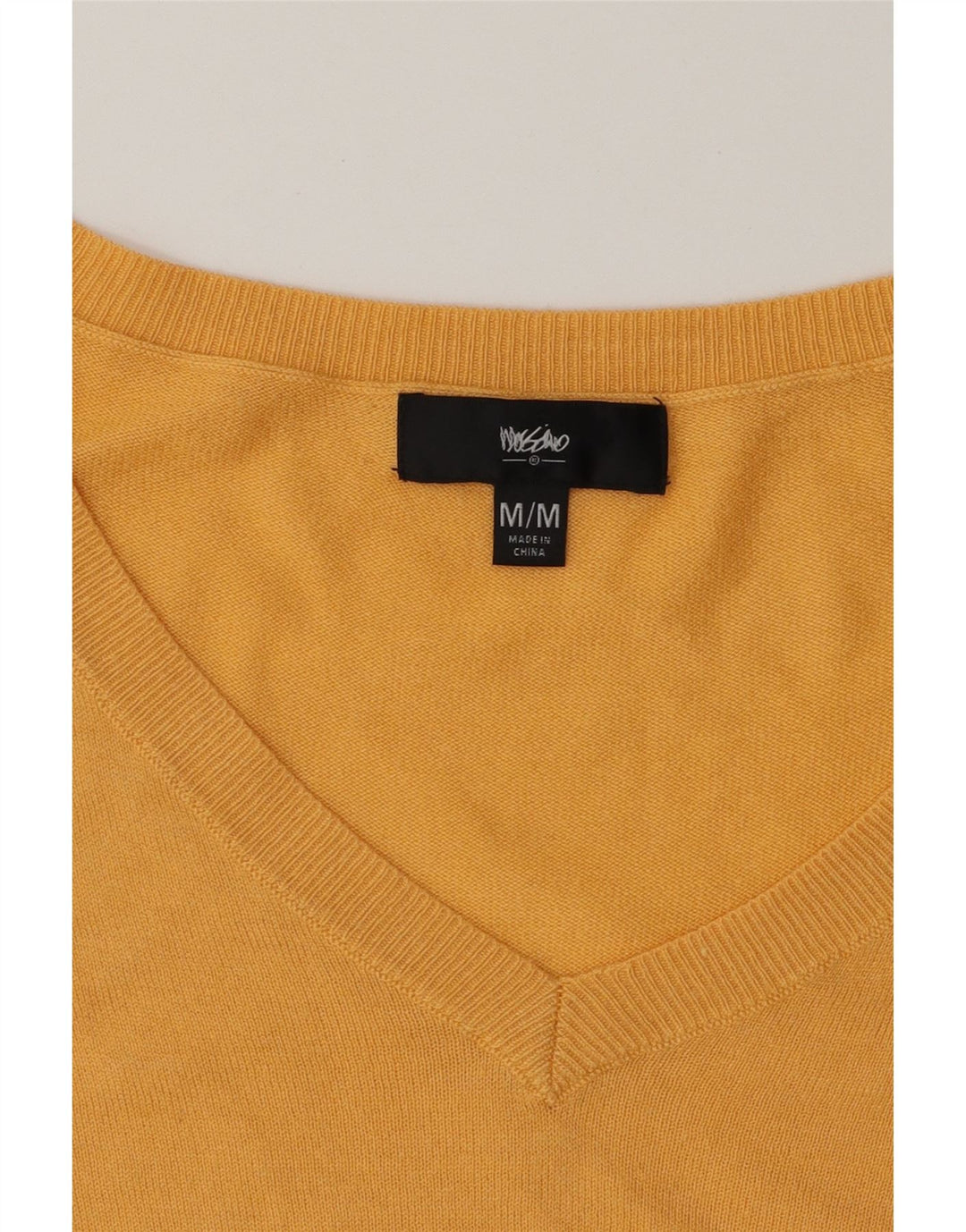 MOSSIMO Womens 3/4 Sleeve V-Neck Jumper Sweater UK 14 Medium Yellow Nylon Vintage Mossimo and Second-Hand Mossimo from Messina Hembry 