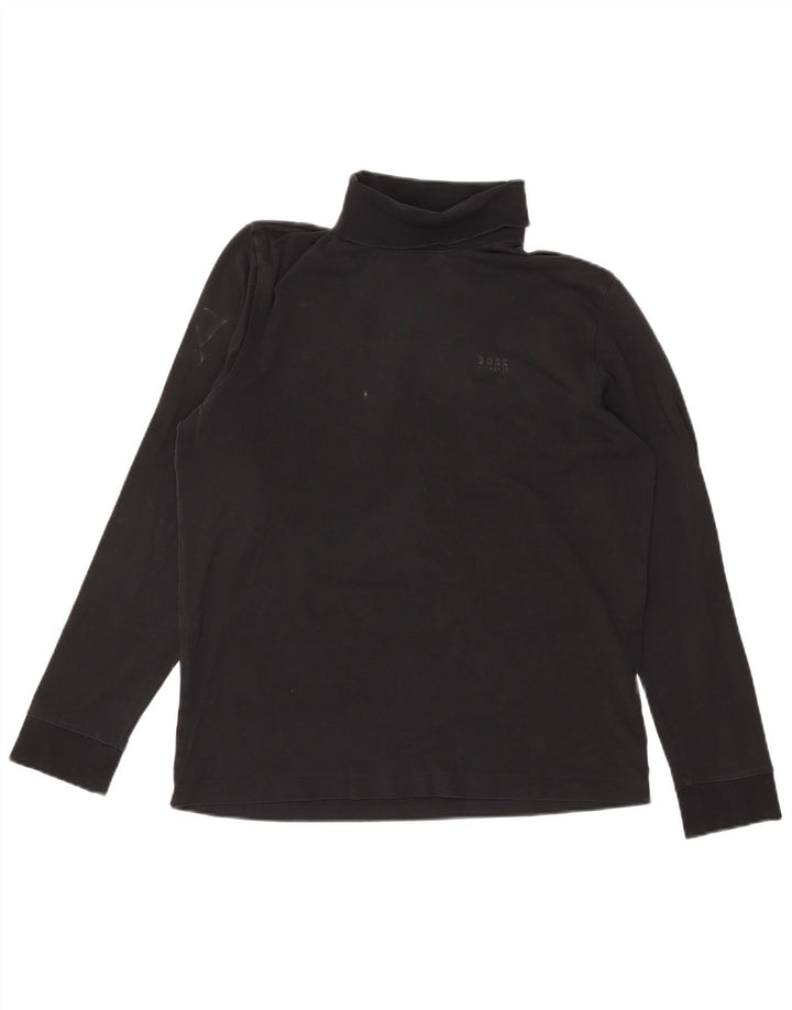 HUGO BOSS Herren-Top mit Rollkragen, langärmlig, mittelschwarze Baumwolle