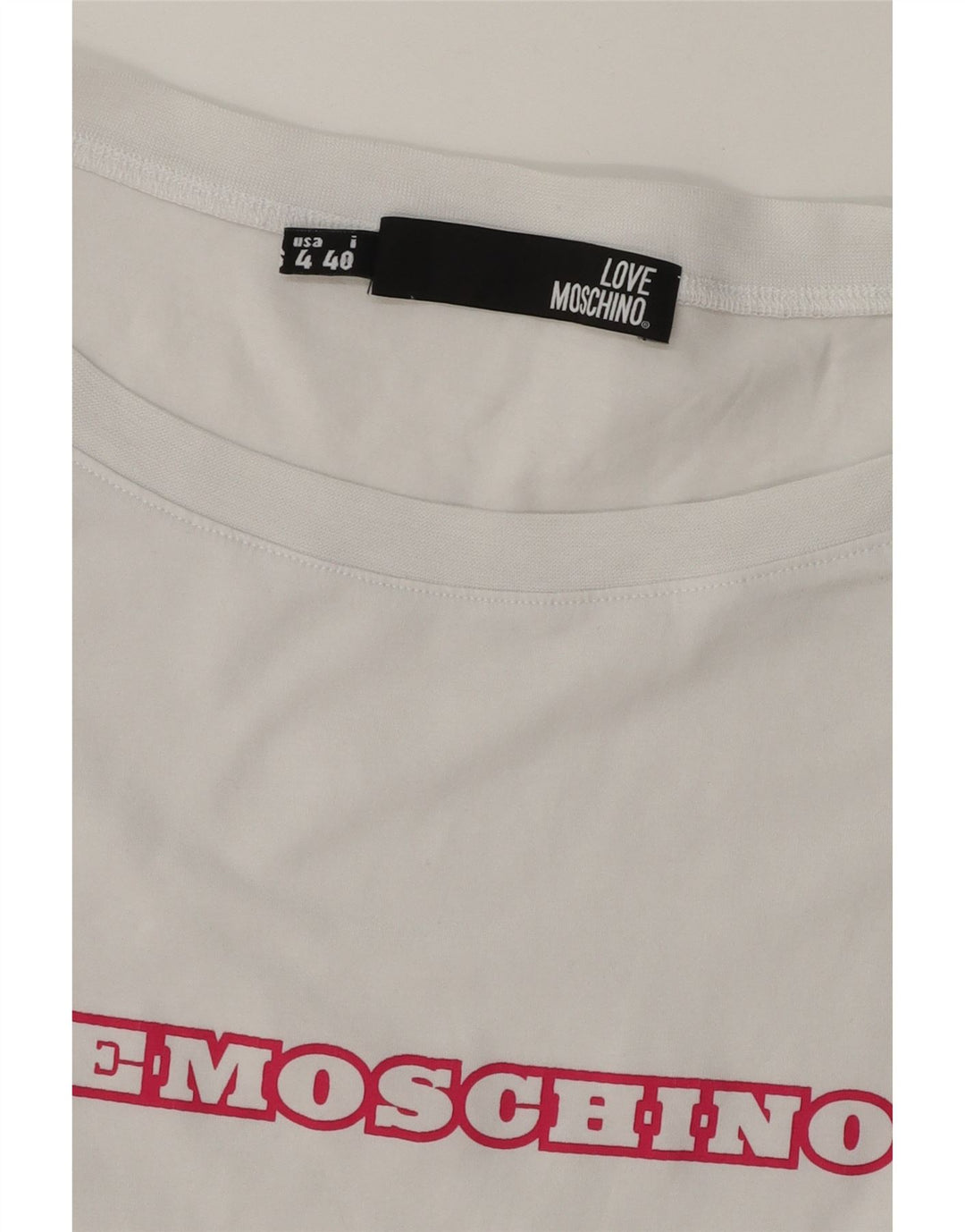 MOSCHINO Womens Graphic T-Shirt Top UK 8 Small White Vintage Moschino and Second-Hand Moschino from Messina Hembry 