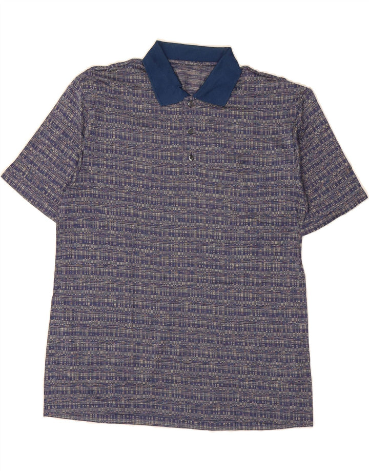 VINTAGE Mens Polo Shirt Medium Navy Blue Striped Cotton Vintage Vintage and Second-Hand Vintage from Messina Hembry 