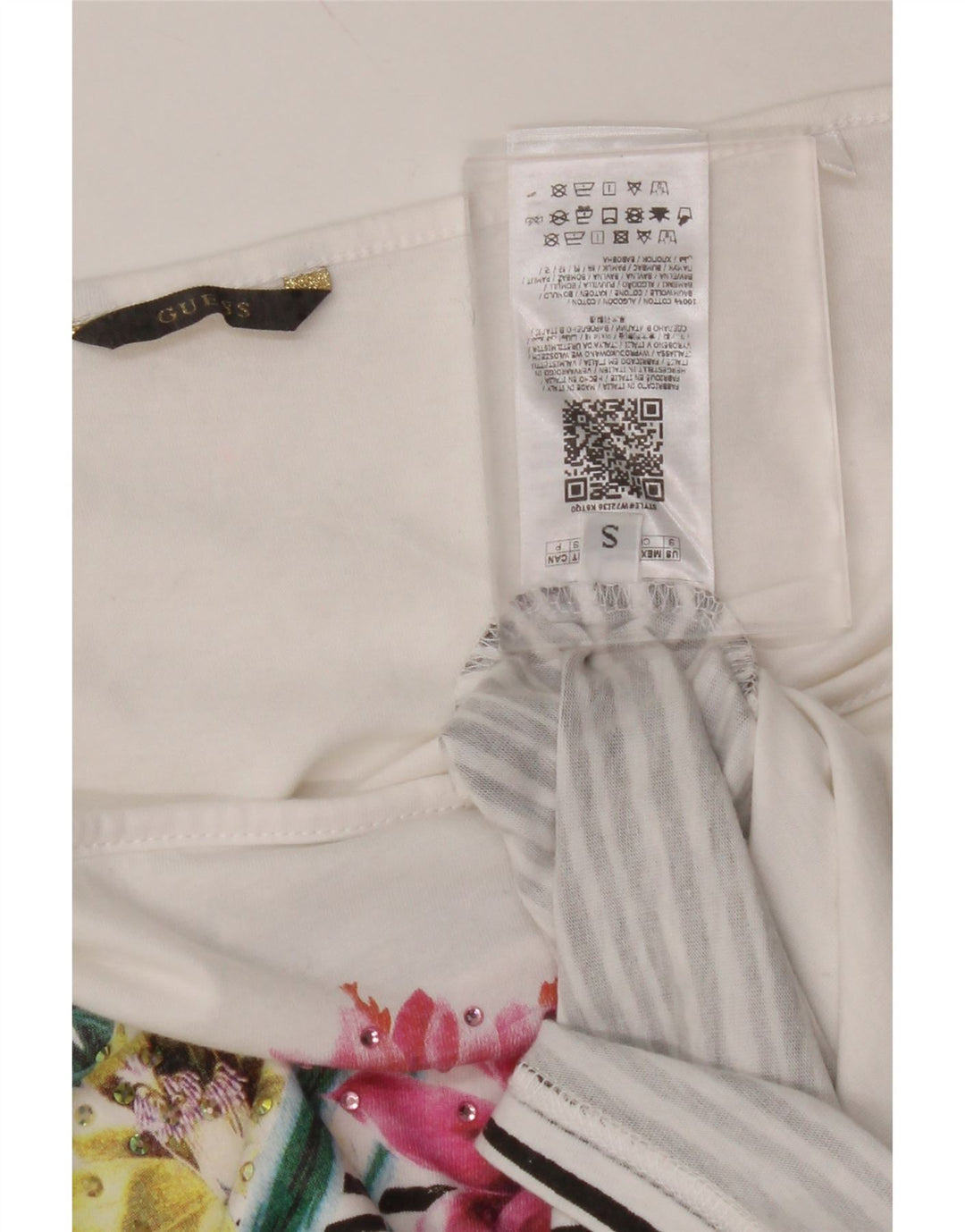 GUESS Damen Crop Off Shoulder T-Shirt Top UK 10 Small Weißes Blumenmuster aus Baumwolle