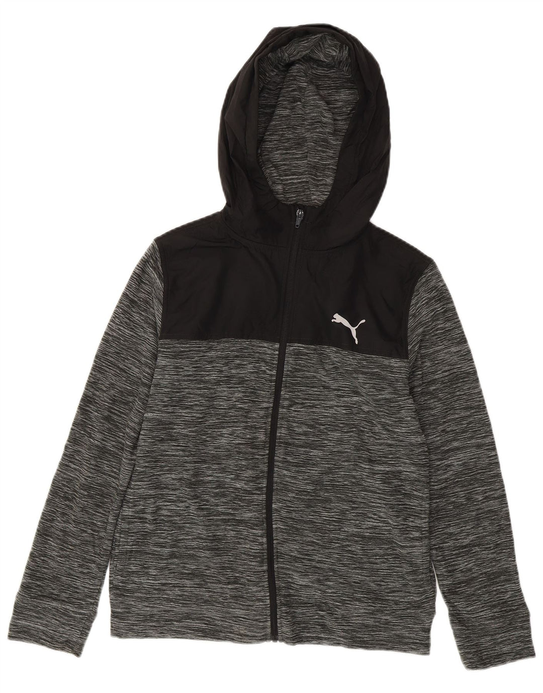PUMA Jungen-Kapuzenpullover mit Reißverschluss, 14–15 Jahre, groß, graues Farbblock-Polyester