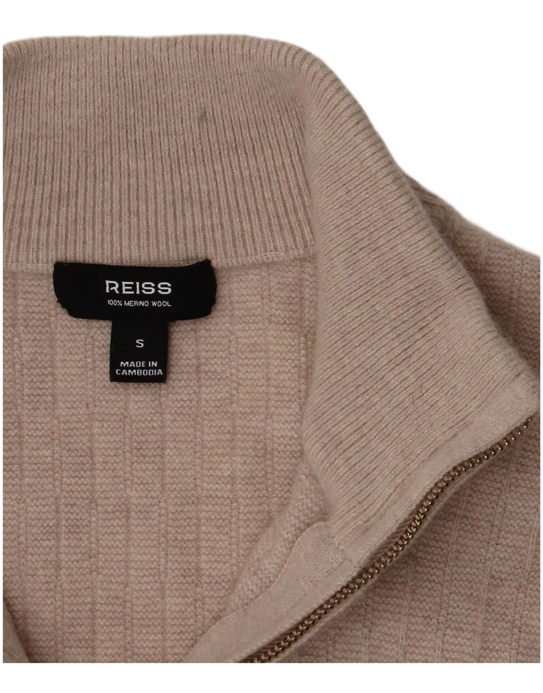 Reiss Herren-Pullover mit Reißverschluss am Hals, kleine beige Merinowolle