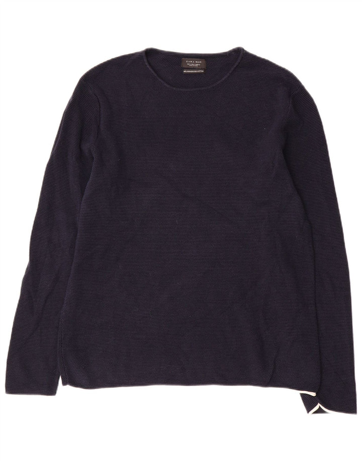 Zara Herren-Pullover mit Rundhalsausschnitt, groß, marineblaue Baumwolle