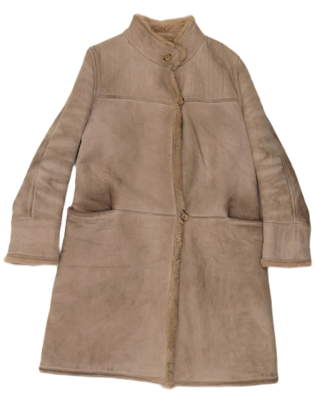 Vintage Damen Shearling Mantel IT 46 Großes Beige Leder