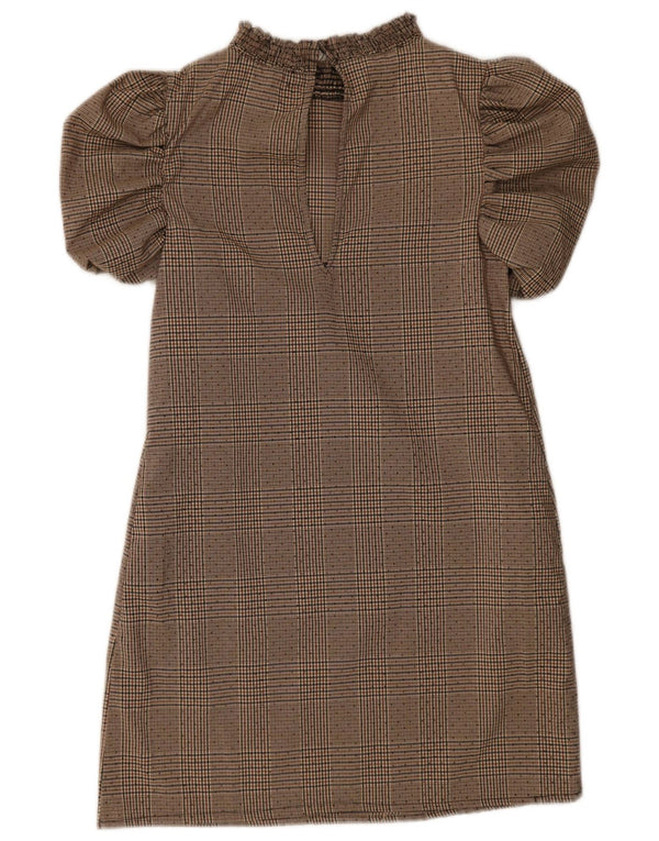 Zara Damen Basic Kleid UK 6 XS Beige Hahnentrittmuster