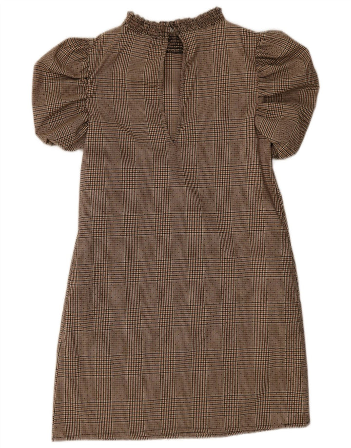 Zara Damen Basic Kleid UK 6 XS Beige Hahnentrittmuster