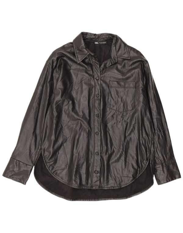 Zara Damen Übergroßes Kunstlederhemd UK 4 XS Schwarz
