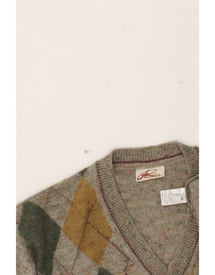 RODES Herren-Pullover mit V-Ausschnitt, mittelgraue Argyle-/Diamantwolle