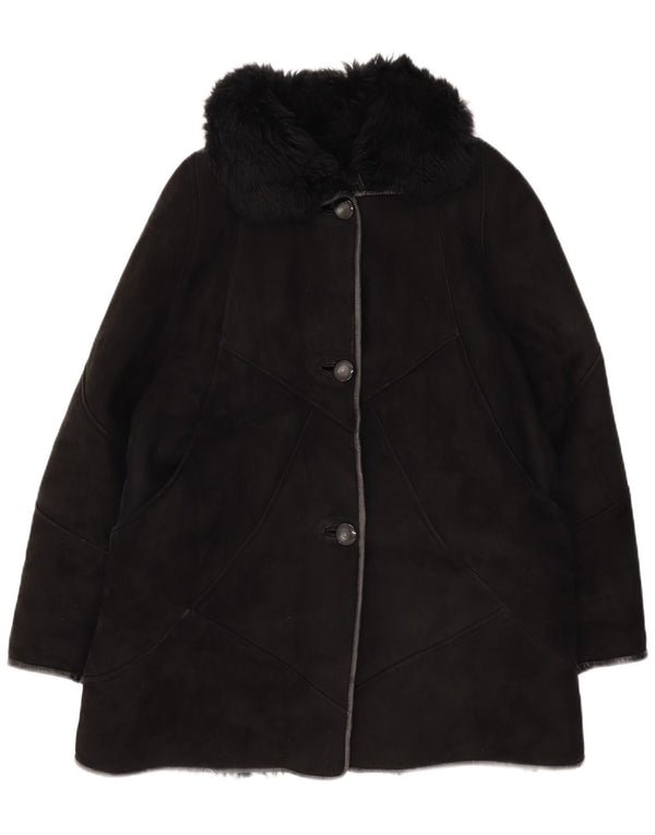 Vintage Damen Shearling Mantel UK 14 Medium Schwarz
