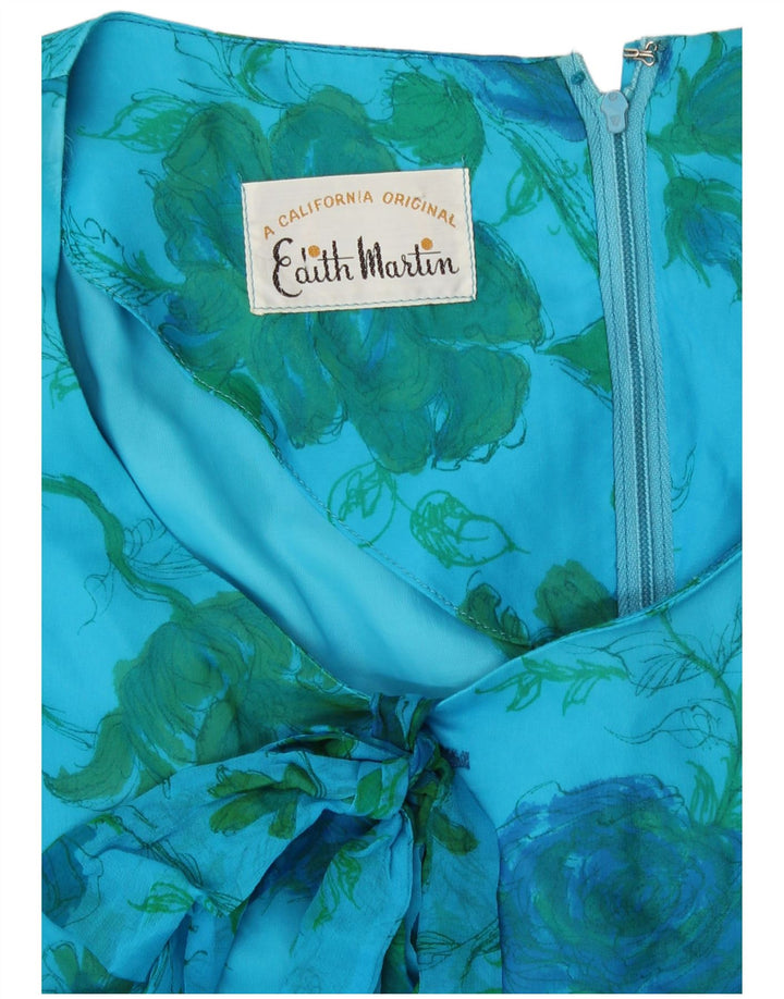 Vintage Damen 3/4-Ärmel-Etuikleid UK 10 Kleines blaues Blumenmuster