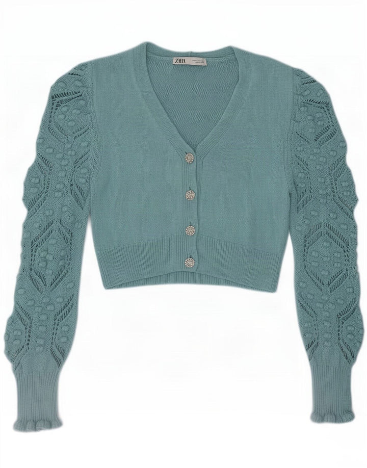 Zara Damen Crop Cardigan Pullover UK 12 Medium Türkis