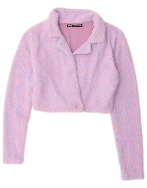 Zara Damen Crop Cardigan Pullover UK 10 Small Lila Geometrisch