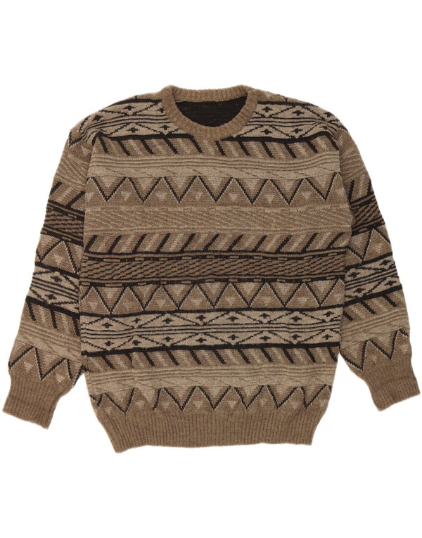 Vintage Herren Pullover mit Rundhalsausschnitt, groß, Khaki, geometrisch