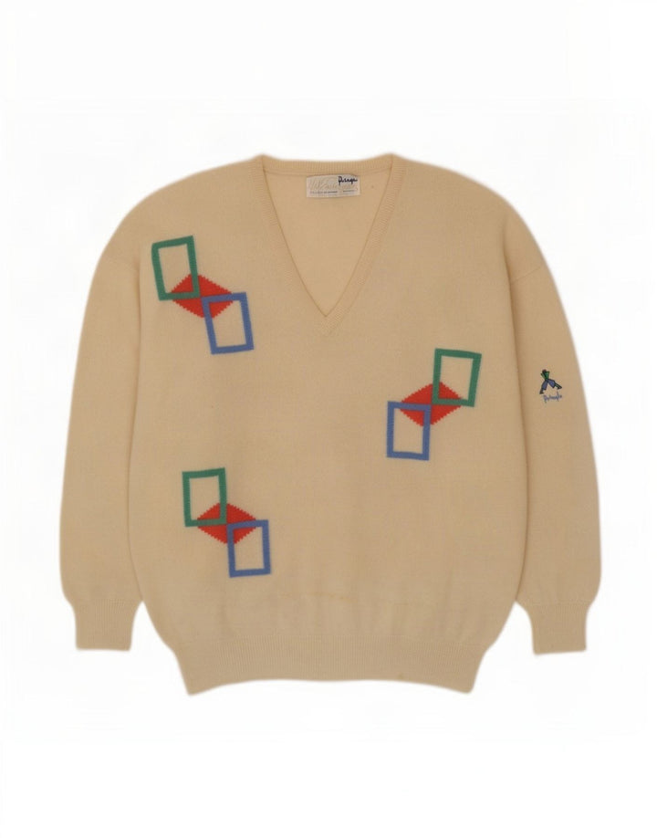 Pringle Herren-Pullover mit V-Ausschnitt, groß, beige, geometrische Schurwolle