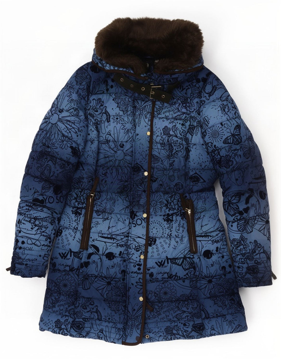 Desigual Damen Kapuzenmantel, gepolstert, EU 40, mittelblaues Blumenmuster, Polyester