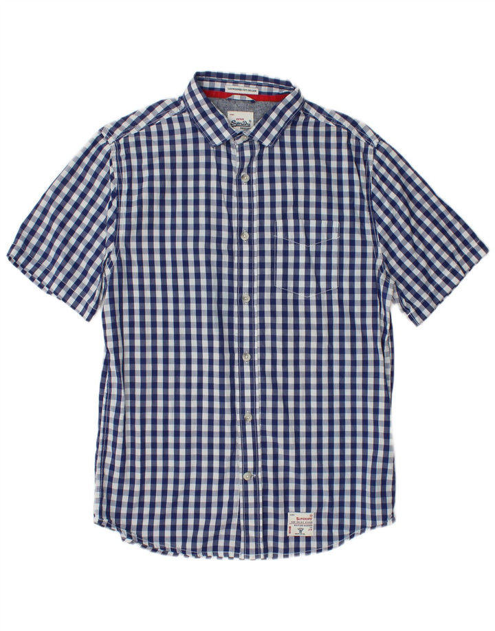 SUPERDRY Herren-Kurzarmhemd, groß, marineblau, Gingham-Baumwolle