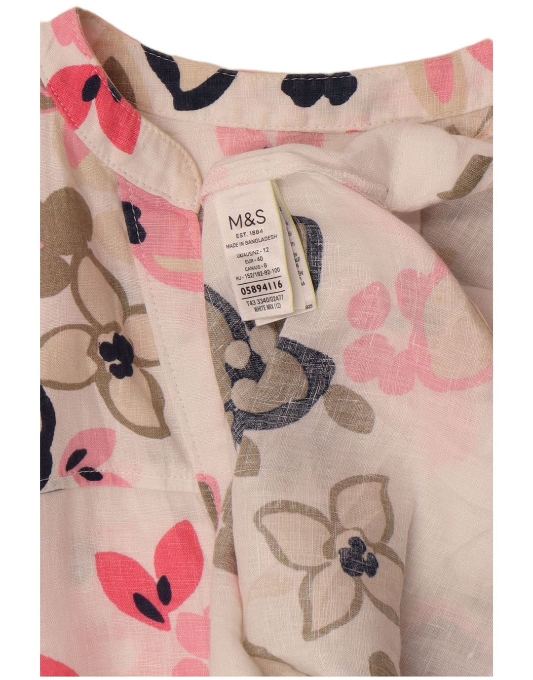 Marks & Spencer – Übergroßes Blusenoberteil für Damen, UK 12, mittelweißes, geblümtes Leinen