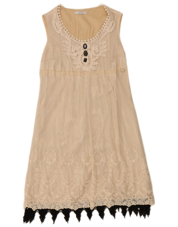 Vintage Damen Ärmelloses A-Linien-Kleid UK 10 Small Beige Floral Cotton
