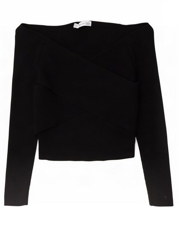 Zara Damen Crop Off Shoulder Top UK 10 Small Schwarze Viskose