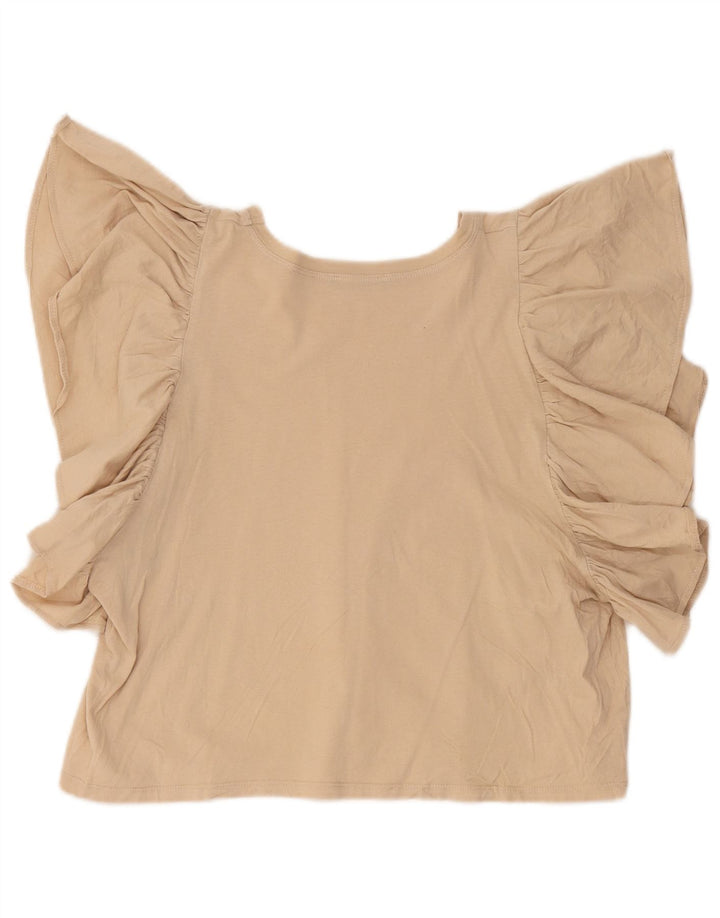 Zara Damen Crop Batwing Bluse Top UK 14 Large Beige Baumwolle