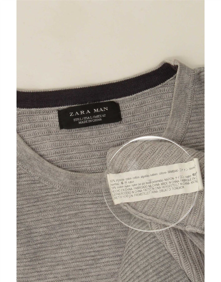 Zara Herren-Pullover mit Rundhalsausschnitt, groß, graue Baumwolle