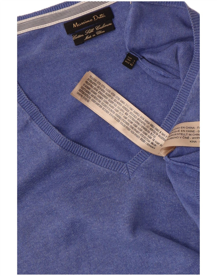 Massimo Dutti Herren-Pullover mit V-Ausschnitt, groß, aus blauer Baumwolle