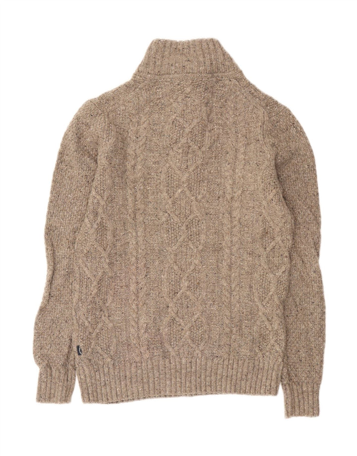 Fat Face Herren-Pullover mit Knopfkragen, Größe S, beige Wolle