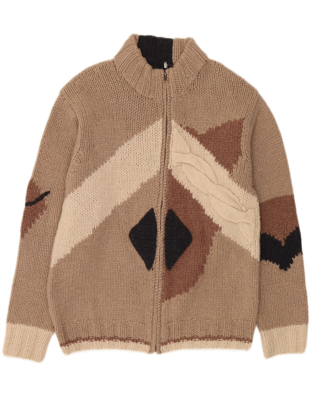Fatto a Mano Herren-Cardigan mit durchgehendem Reißverschluss, groß, beige, Colourblock-Wolle