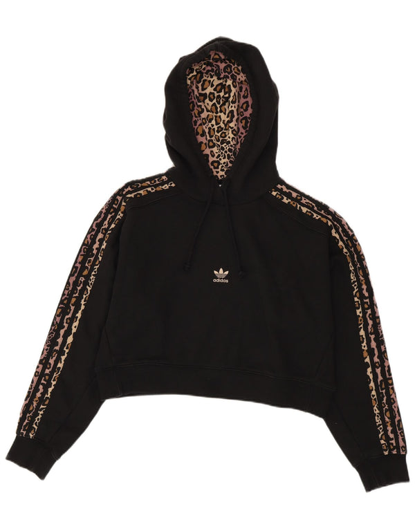 Adidas Damen Crop Übergroßer Kapuzenpullover UK 10 Kleiner schwarzer Tierdruck