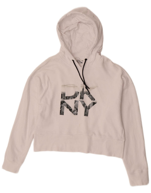 Dkny Womens Oversized Graphic Crop Hoodie Pullover UK 10 Small Weiße Baumwolle