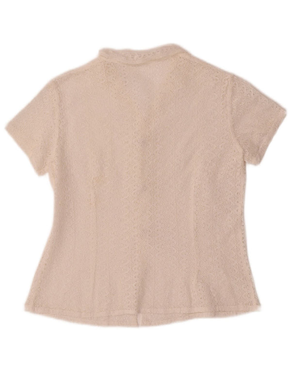 Vintage Damen Crop Kurzarm Häkelhemdbluse UK 10 Small Weiß