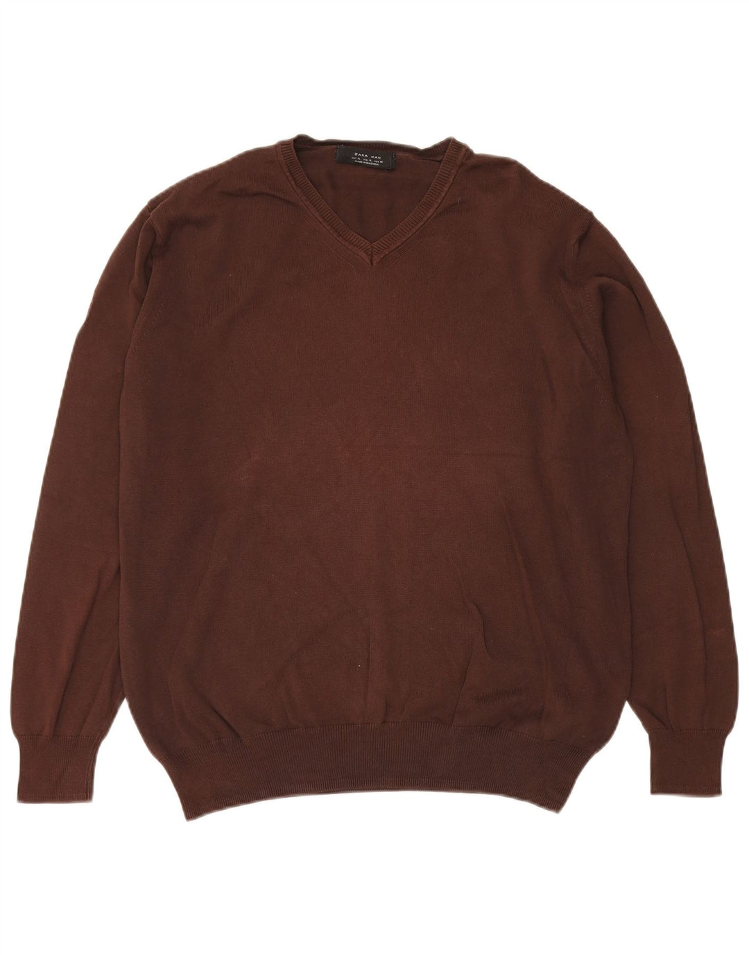 Zara Herren-Pullover mit V-Ausschnitt, XL, braune Baumwolle