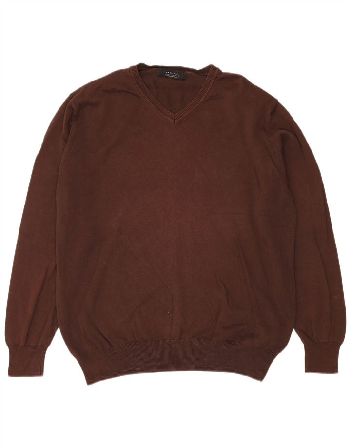 Zara Herren-Pullover mit V-Ausschnitt, XL, braune Baumwolle