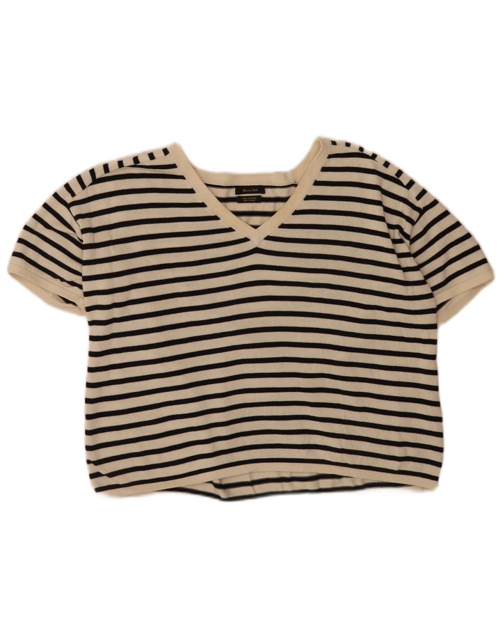 Massimo Dutti Damen Crop T-Shirt Top UK 14 Medium Off White gestreift