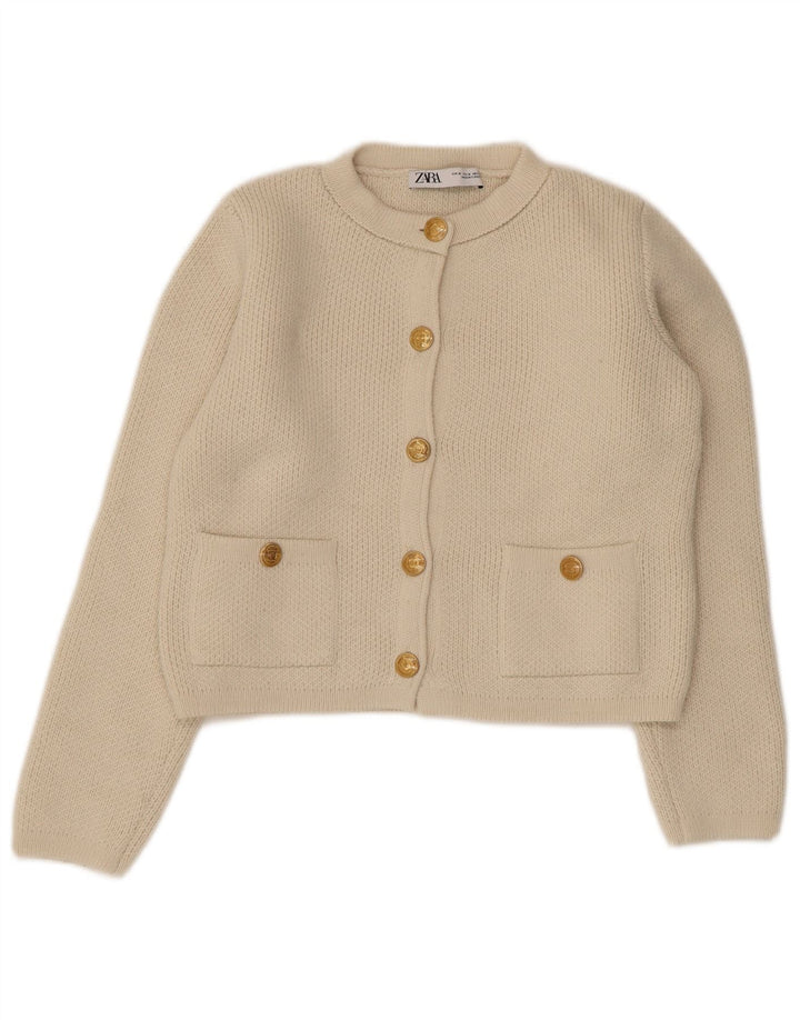 Zara Damen Crop Cardigan Pullover UK 12 Medium Beige Acryl