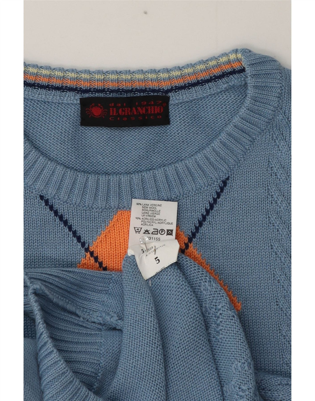 Il Granchio Herren-Pullover mit Rundhalsausschnitt, mittelblaue Argyle-/Diamantwolle