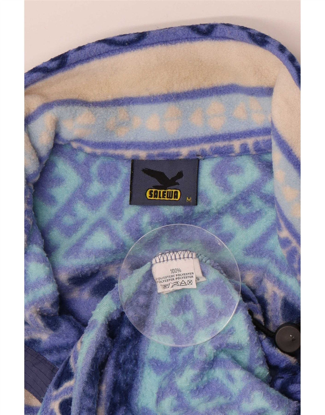 SALEWA Herren-Fleecepullover mit Knopfkragen, mittelblaues Fair-Isle-Polyester