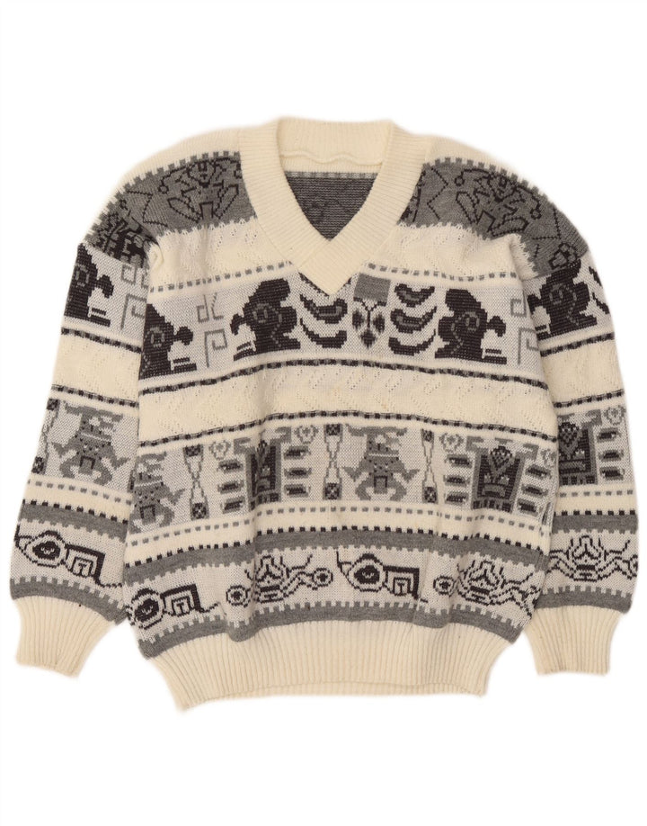 Vintage Herren Pullover mit V-Ausschnitt, groß, cremefarben, geometrisch