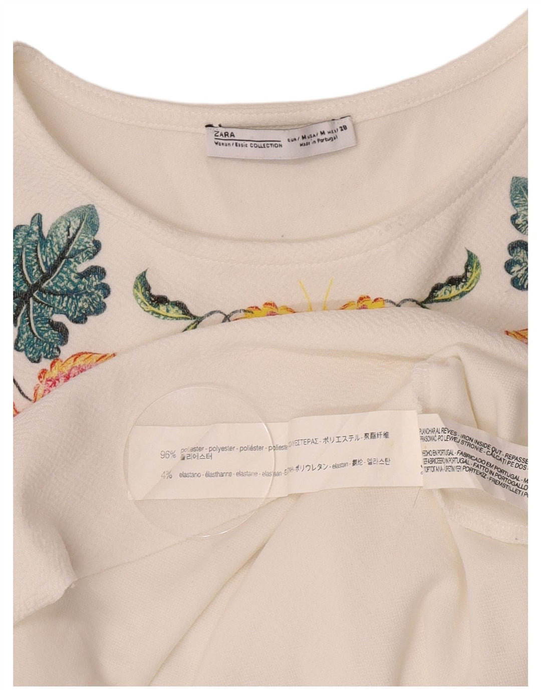 Zara Damen Etuikleid UK 14 Mittelweißes, geblümtes Polyester