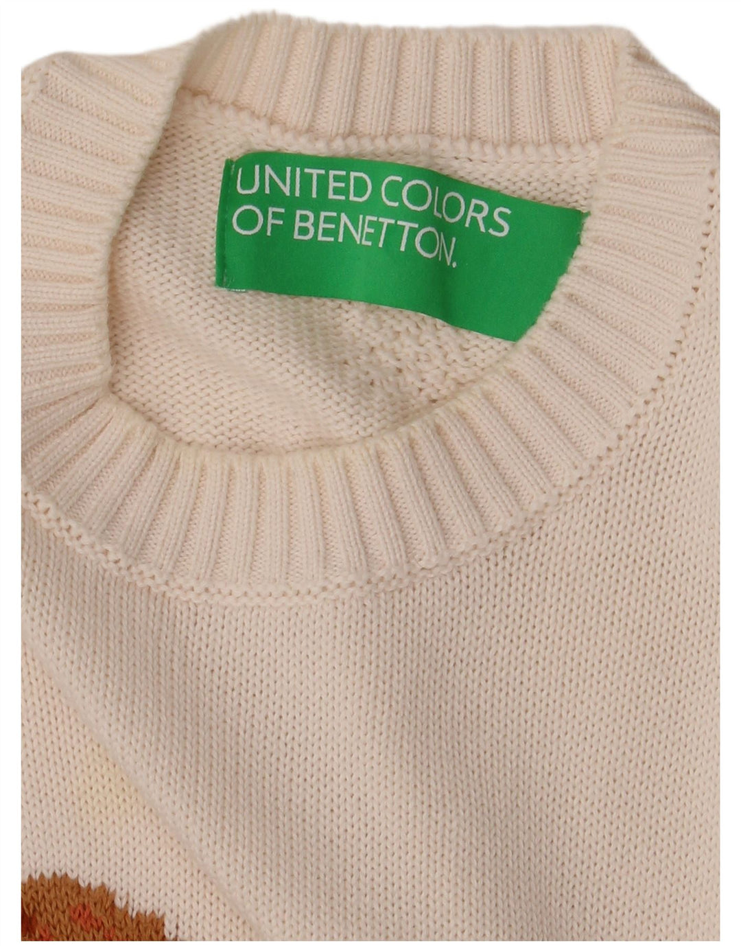 BENETTON Damen-Pullover mit grafischem Rundhalsausschnitt, UK 14, Mittelweiß