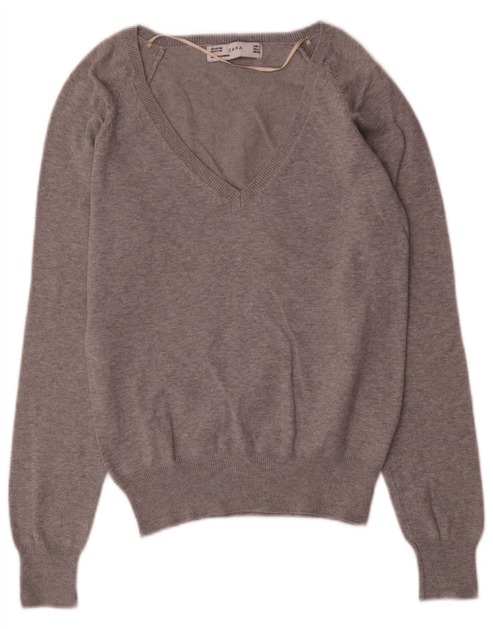 Zara Damen-Pullover mit V-Ausschnitt, Gr. 10, Größe S, graue Baumwolle
